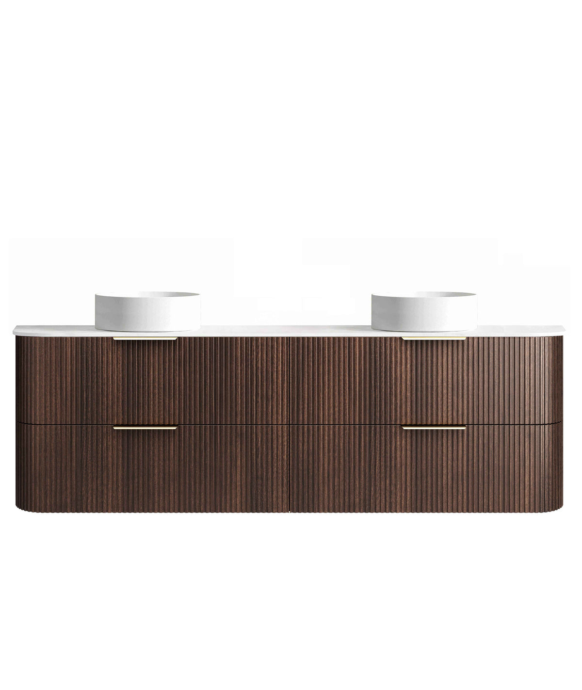 Havana Fluted 1800mm Sable Walnut Wall Hung Curve Vanity, Ultra Delux Stone Top (Silica Free Pure White)