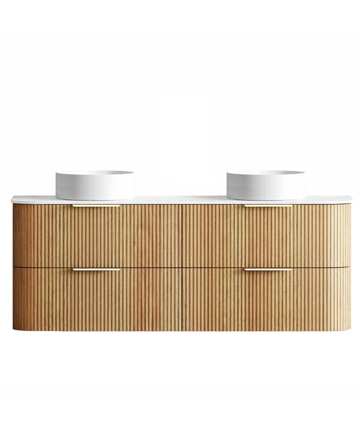 Havana Fluted 1500mm Woodland Oak Wall Hung Curve Vanity - Ultra Delux Stone Top (Silica Free Pure White)
