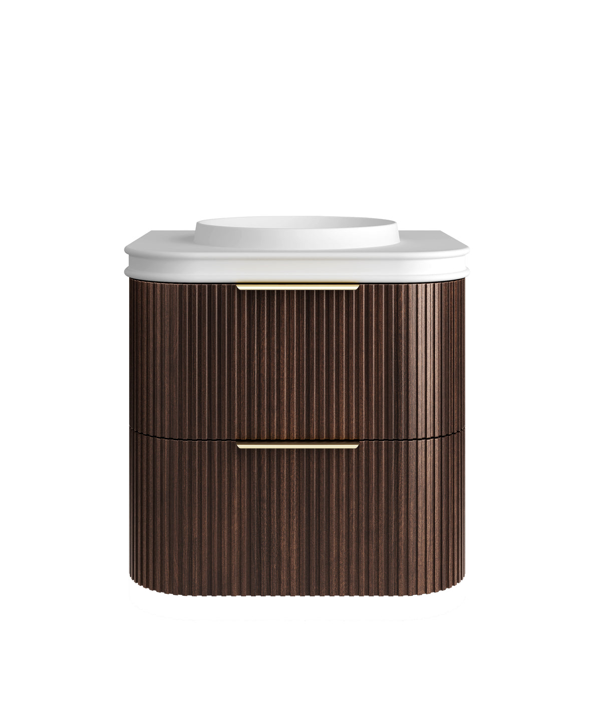 Havana Fluted 600mm Sable Walnut Wall Hung Curve Vanity - 50mm English Edge (Round Basin)