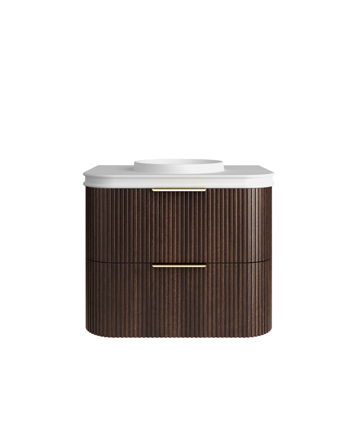 Havana Fluted 750mm Sable Walnut Wall Hung Curve Vanity - 50mm English Edge (Round Basin)