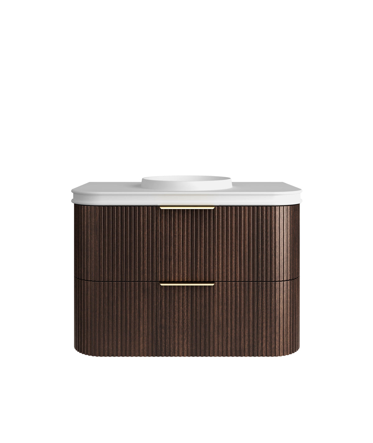 Havana Fluted 900mm Sable Walnut Wall Hung Curve Vanity - 50mm English Edge (Round Basin)