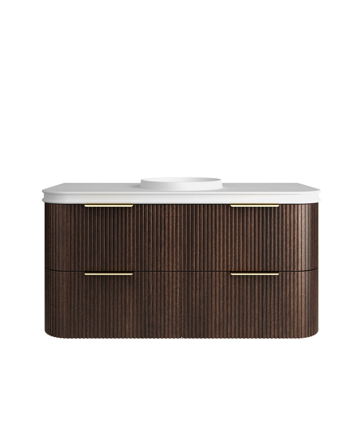 Havana Fluted 1200mm Sable Walnut Wall Hung Curve Vanity - 50mm English Edge (Round Basin)