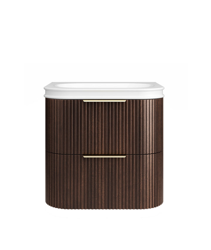 Havana Fluted 600mm Sable Walnut Wall Hung Curve Vanity - 50mm English Edge (Soft Square)