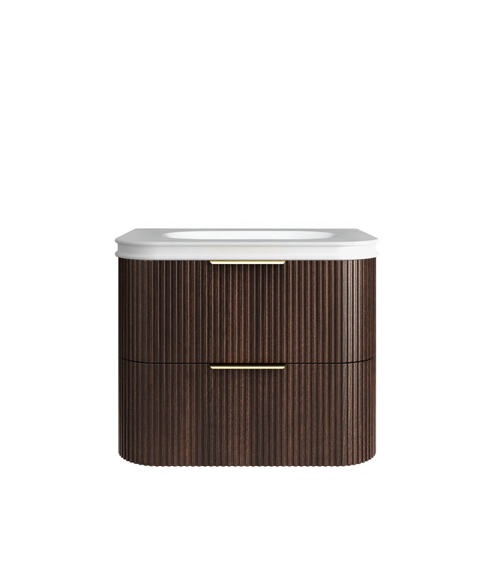Havana Fluted 750mm Sable Walnut Wall Hung Curve Vanity - 50mm English Edge (Soft Square)
