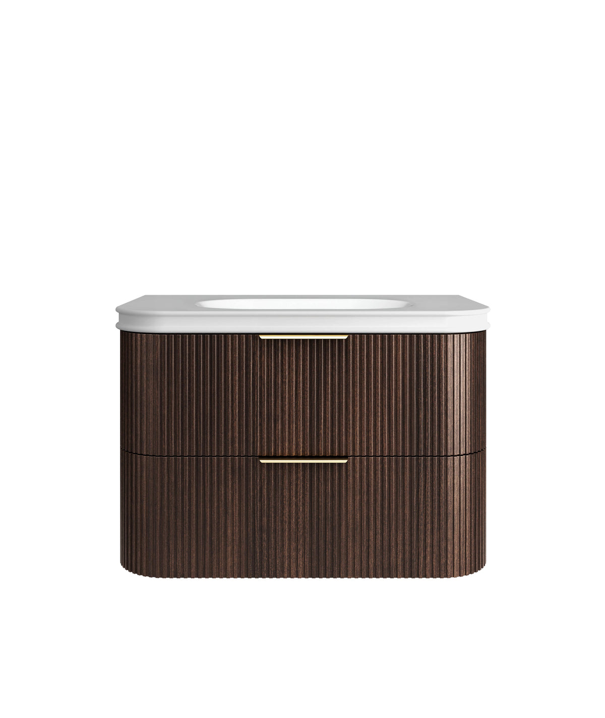 Havana Fluted 900mm Sable Walnut Wall Hung Curve Vanity - 50mm English Edge (Soft Square)