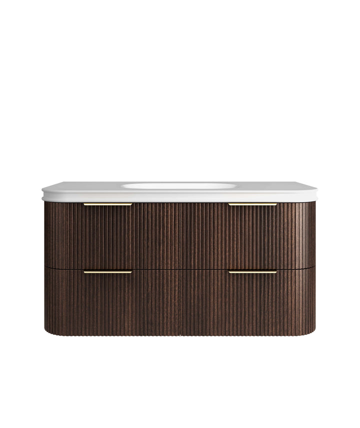 Havana Fluted 1200mm Sable Walnut Wall Hung Curve Vanity - 50mm English Edge (Soft Square)