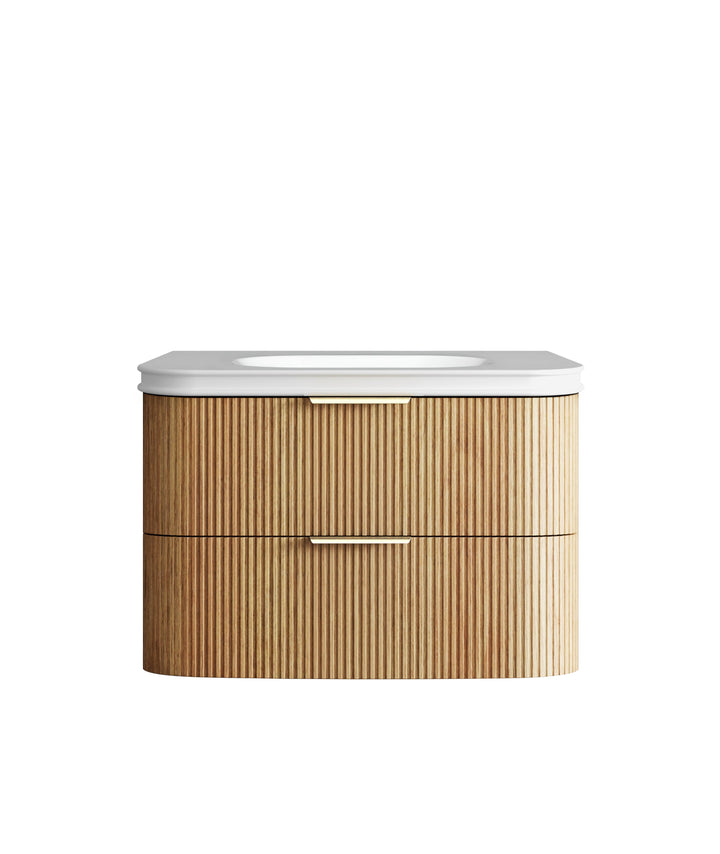 Havana Fluted 900mm Woodland Oak Wall Hung Curve Vanity - 50mm English Edge (Soft Square)