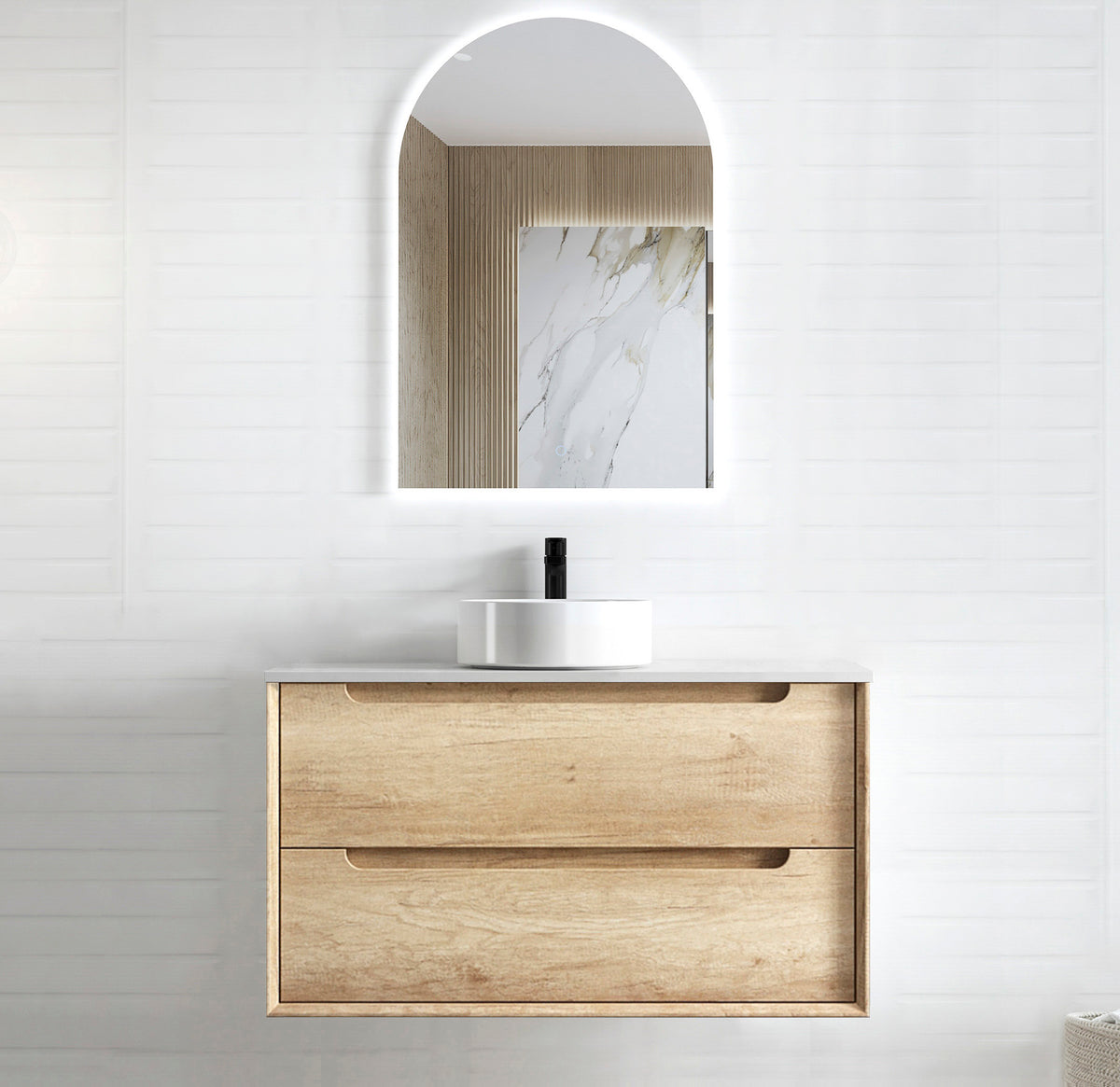 Byron 900mm Natural Oak Wall Hung Vanity - Ultra Delux Stone Top (Silica Free Matte White)