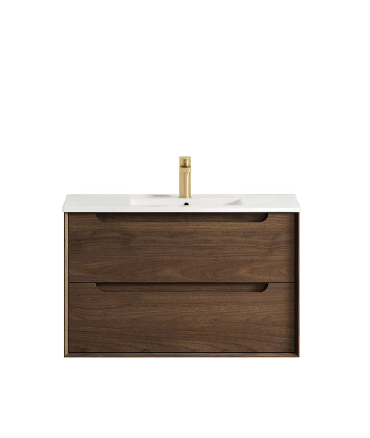 Byron 900mm Sable Walnut Wall Hung Vanity - Slimline Ceramic Top (Gloss white)