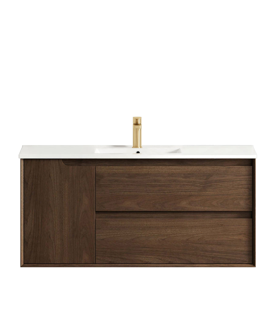 Byron 1200mm Sable Walnut Wall Hung Vanity - Slimline Ceramic Top (Gloss white)