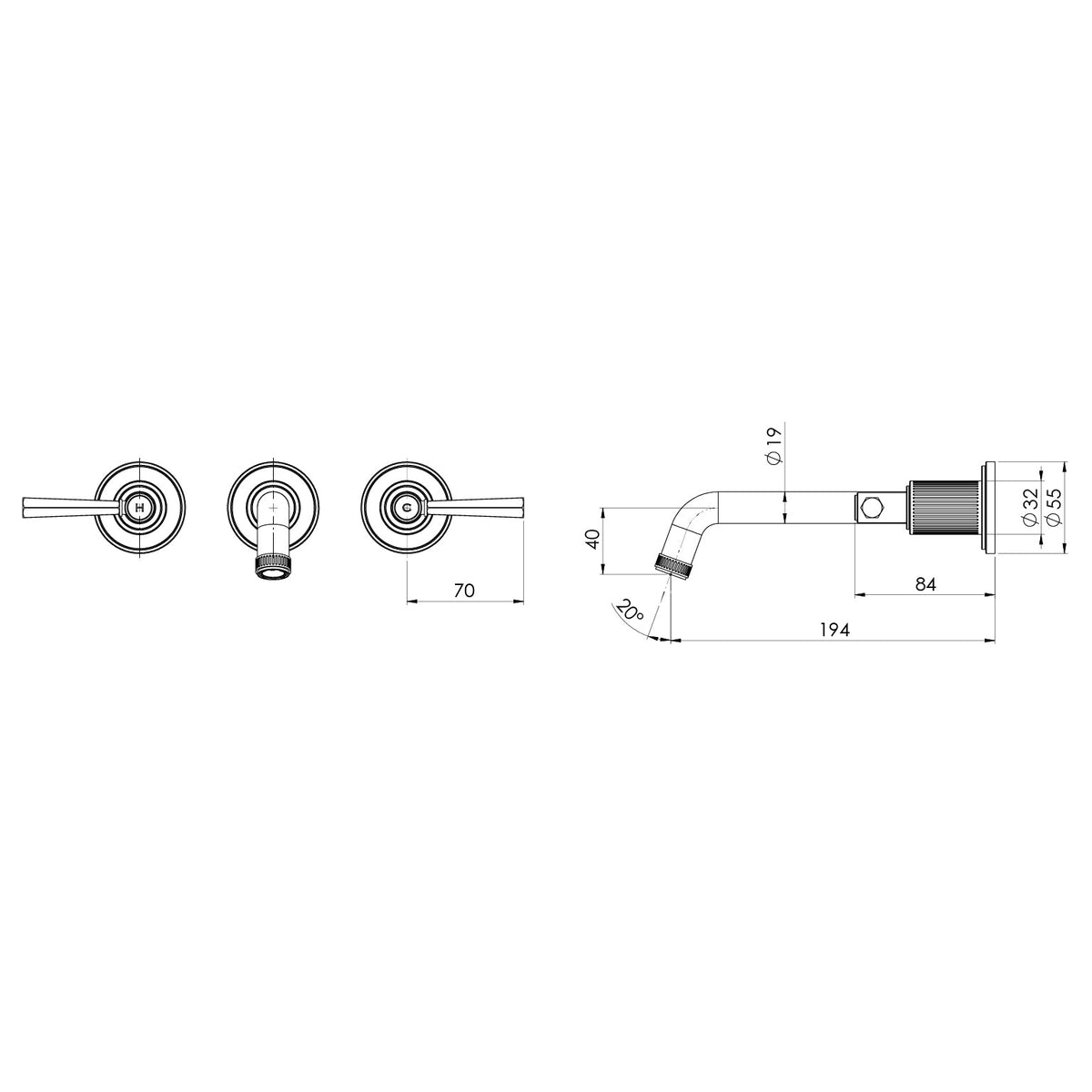 Specification diagram - Wiltern Wall Basin / Bath Tap Set 190mm