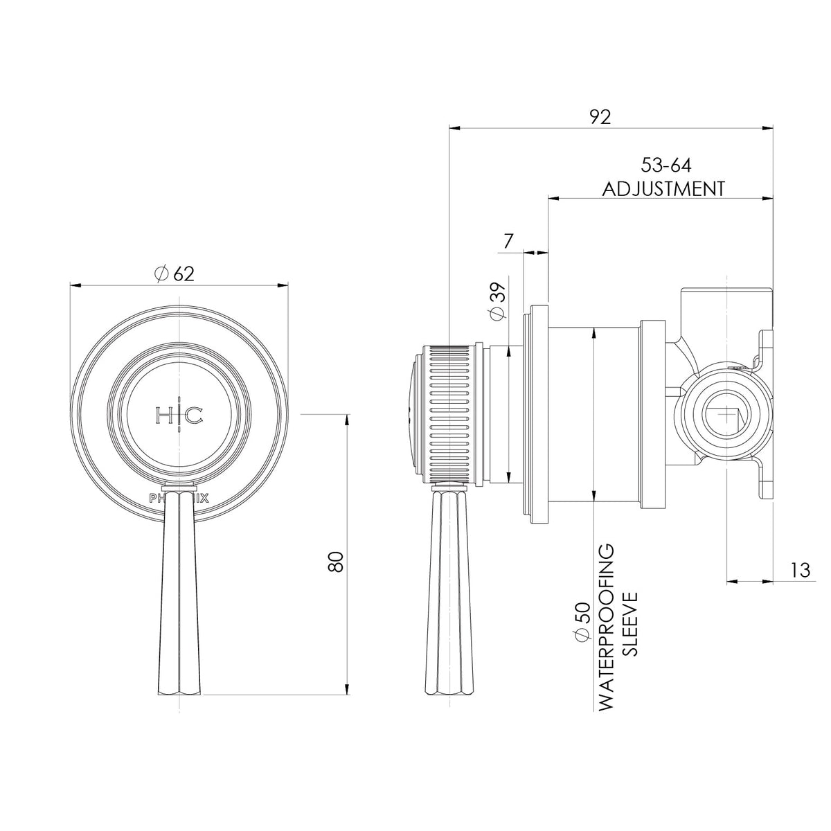Specification diagram - Wiltern SwitchMix Shower / Wall Mixer Brushed Gold (Fit-Off Kit Only)