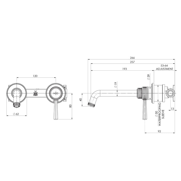 Specification diagram - Wiltern SwitchMix Wall Basin / Bath Mixer Set 190mm Brushed Gold (Fit-Off Kit Only)