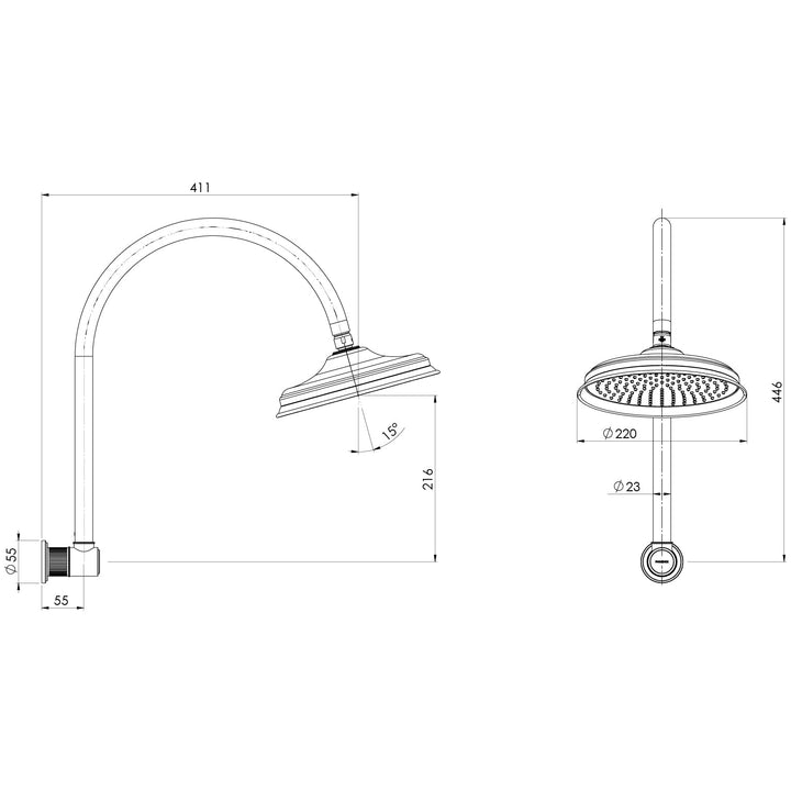 Specification diagram - Wiltern High-Rise Shower Arm and Rose