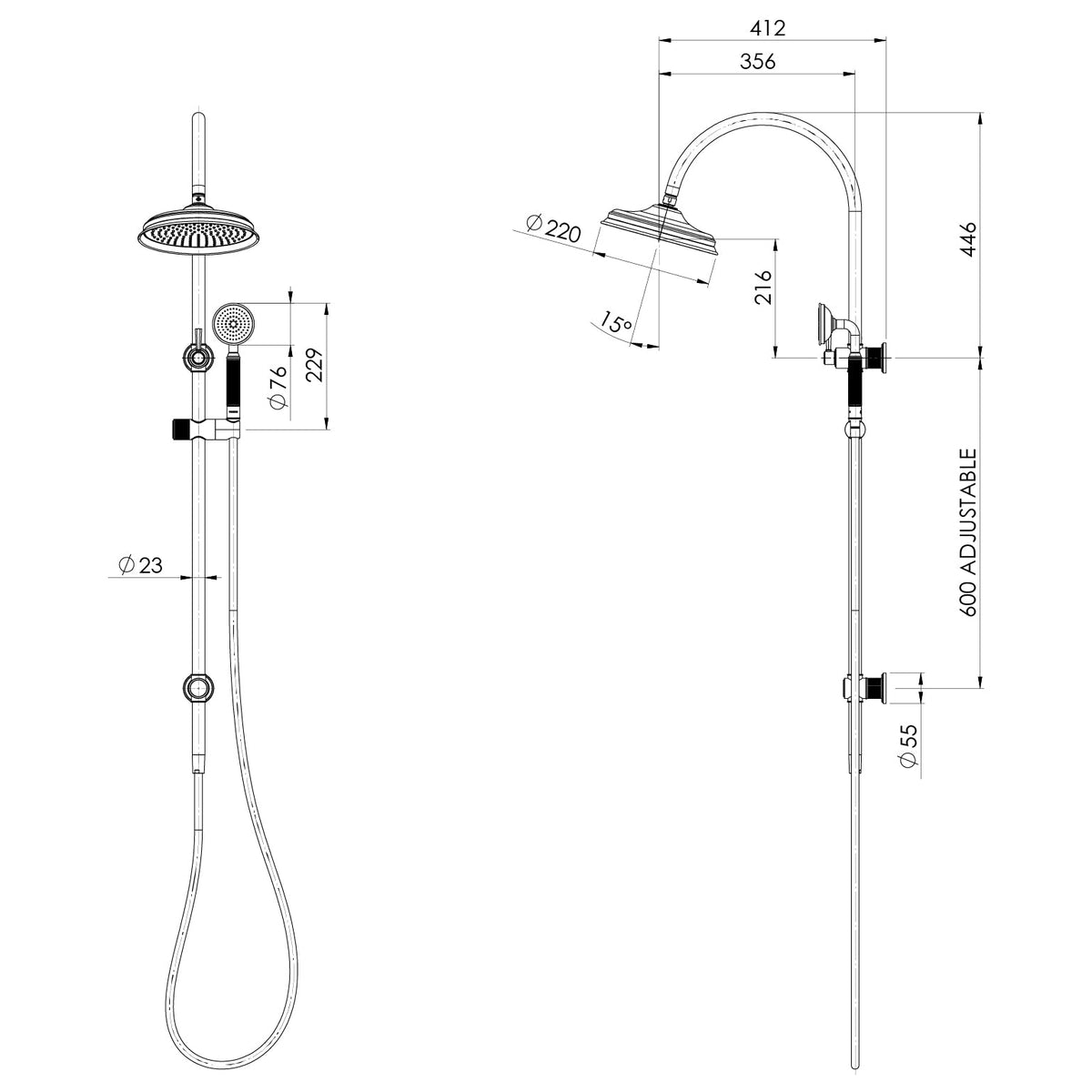 Specification diagram - Wiltern Twin Shower