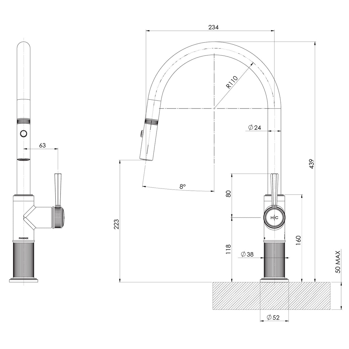 Specification diagram - Wiltern Pull Out Sink Mixer 230mm