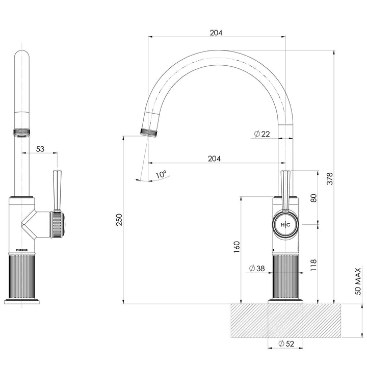 Specification diagram - Wiltern Sink Mixer 200mm