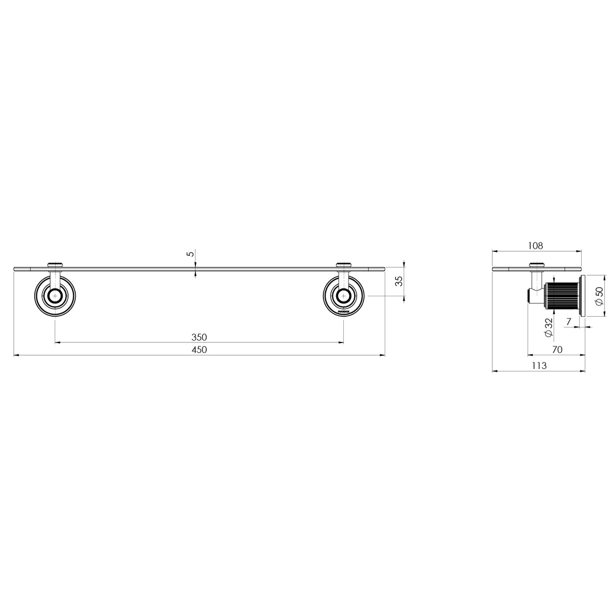 Specification diagram - Wiltern Glass Shelf 450mm