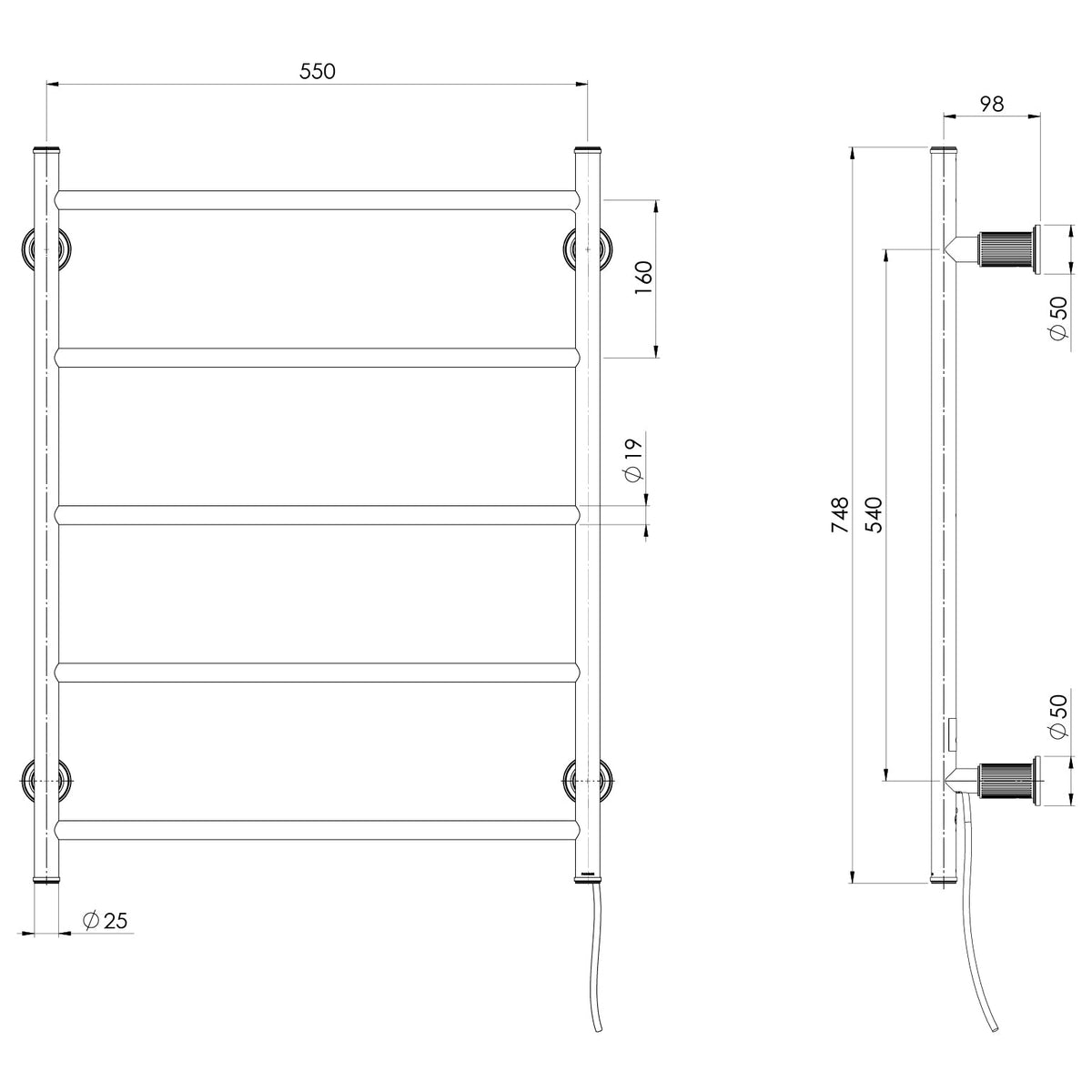 Specification diagram - Wiltern Heated Towel Ladder 550mm x 750mm