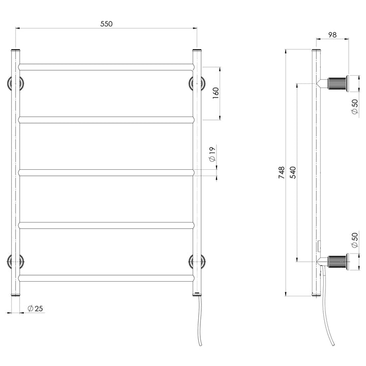Specification diagram - Wiltern Heated Towel Ladder 550mm x 750mm