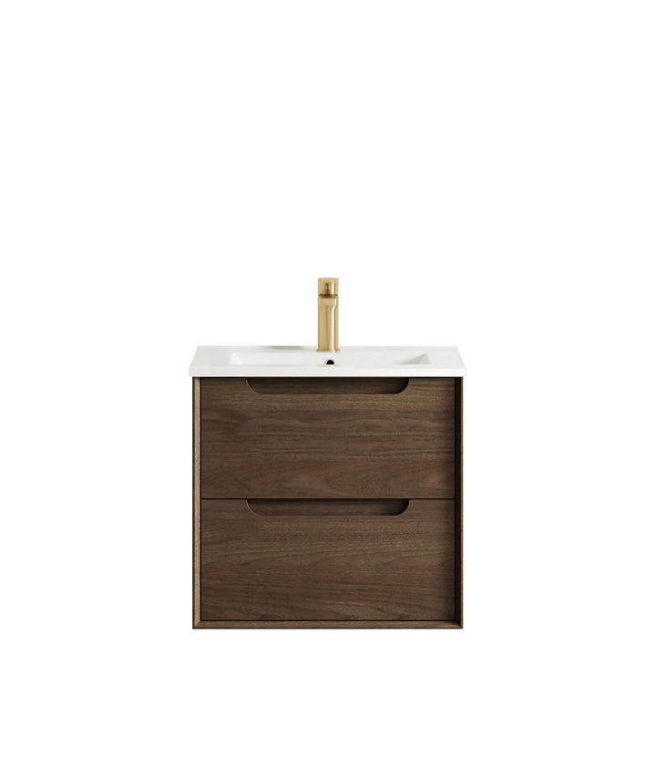 Byron 600mm Sable Walnut Wall Hung Vanity - Slimline Ceramic Top (Gloss white)