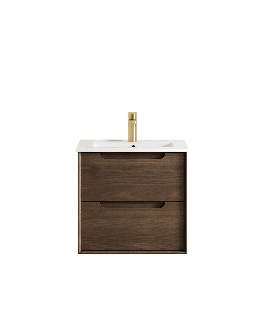 Byron 600mm Sable Walnut Wall Hung Vanity - Slimline Ceramic Top (Gloss white)