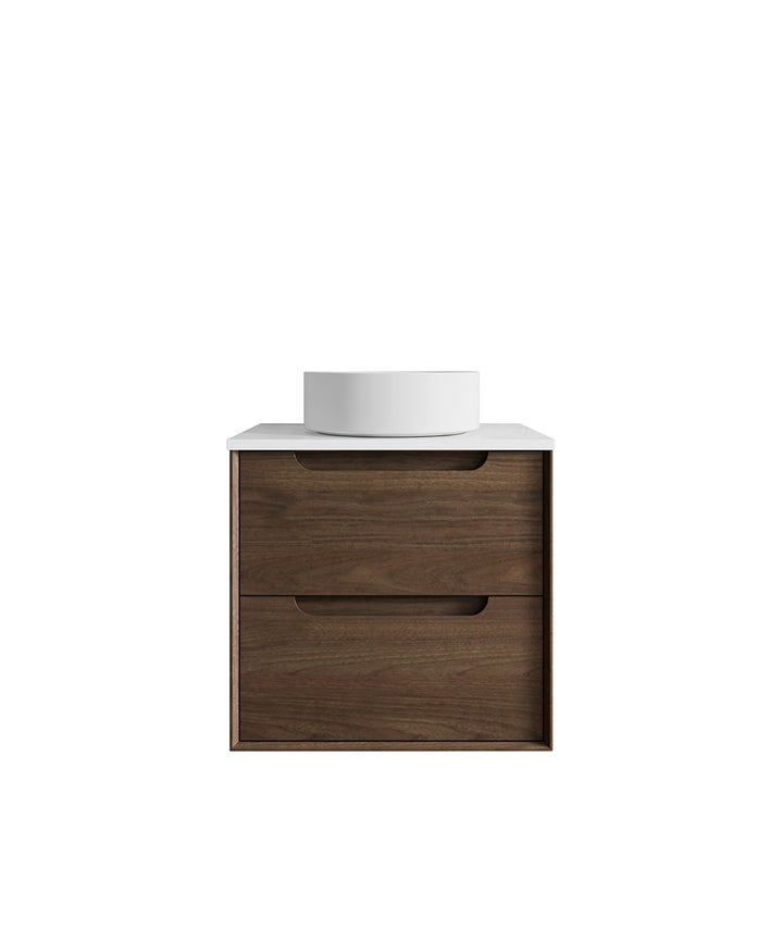 Byron 600mm Sable Walnut Wall Hung Vanity - Ultra Delux Stone Top (Silica Free Pure White)