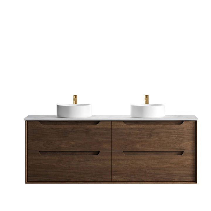 Byron 1500mm Sable Walnut Wall Hung Vanity - Ultra Delux Stone Top (Silica Free Cloudy Carrara)