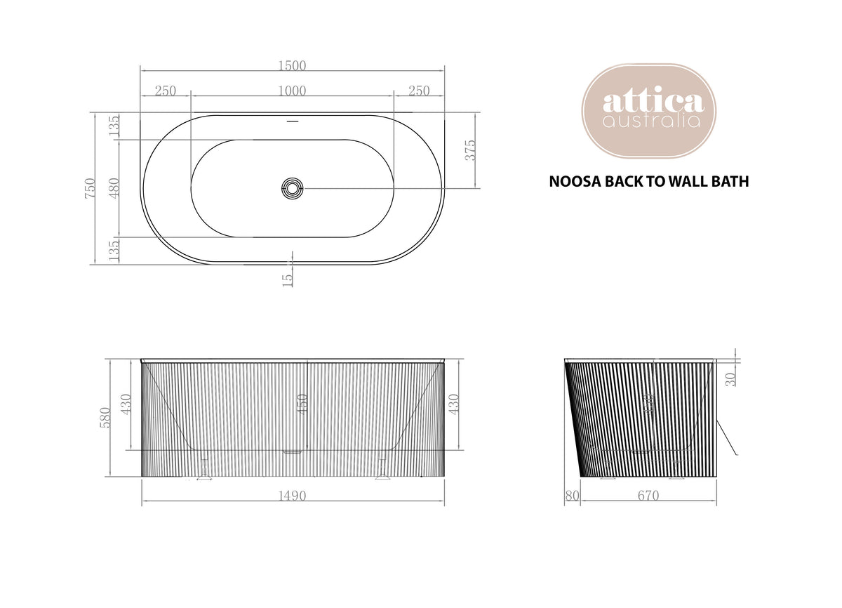 Attica Noosa Fluted 1500 Gloss White BTW Multi-fit Bath with Overflow
