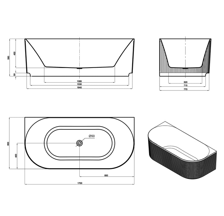 Attica Havana 1700 Gloss White BTW Multi-fit Fluted Bath with Overflow
