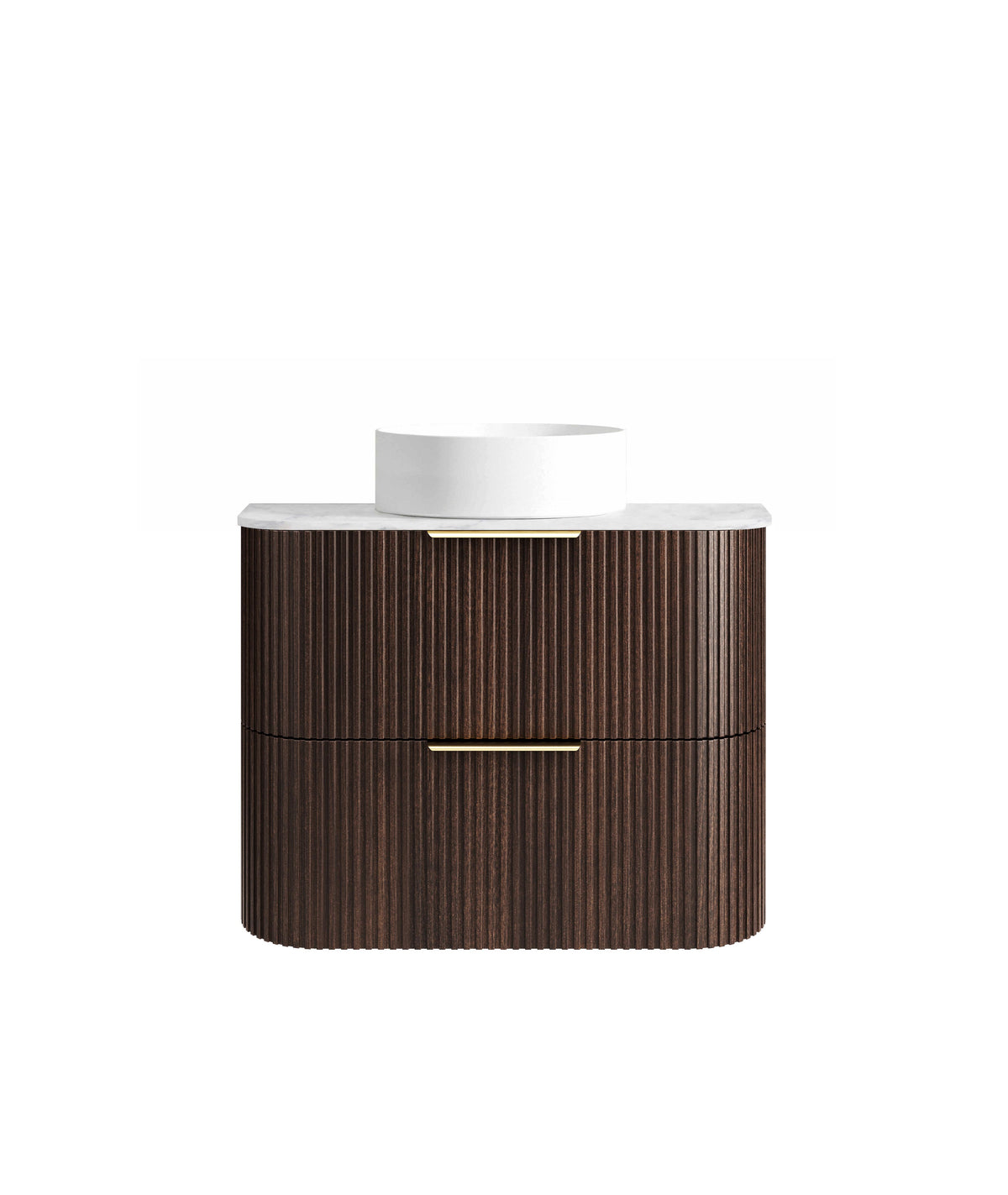Havana Fluted 750mm Sable Walnut Wall Hung Curve Vanity - Ultra Delux Stone Top (Silica Free Cloudy Carrara)