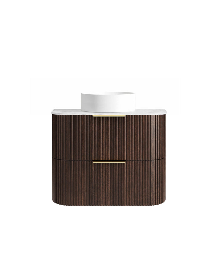 Havana Fluted 750mm Sable Walnut Wall Hung Curve Vanity - Ultra Delux Stone Top (Silica Free Cloudy Carrara)