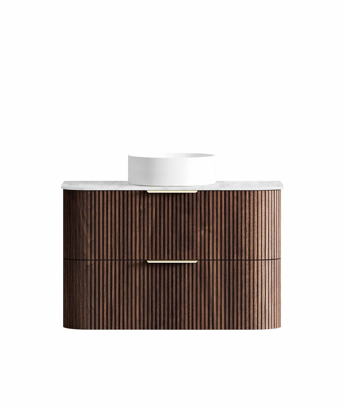 Havana Fluted 900mm Sable Walnut Wall Hung Curve Vanity, Ultra Delux Stone Top (Silica Free Cloudy Carrara)