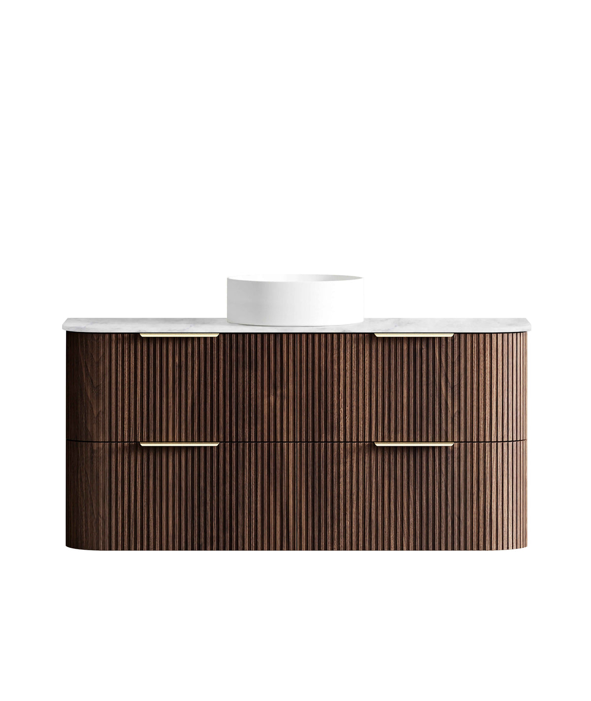 Havana Fluted 1200mm Sable Walnut Wall Hung Curve Vanity, Ultra Delux Stone Top (Silica Free Cloudy Carrara)