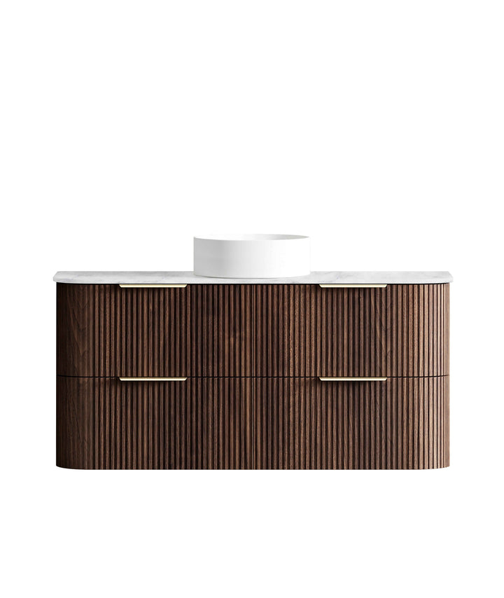 Havana Fluted 1200mm Sable Walnut Wall Hung Curve Vanity, Ultra Delux Stone Top (Silica Free Cloudy Carrara)