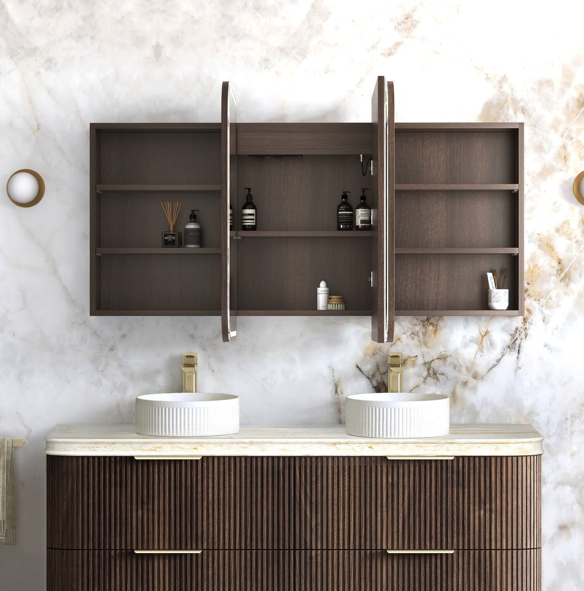 LED Newport 1500(W)x750(H) Sable Walnut Shaving Cabinet Premium Edition view 2