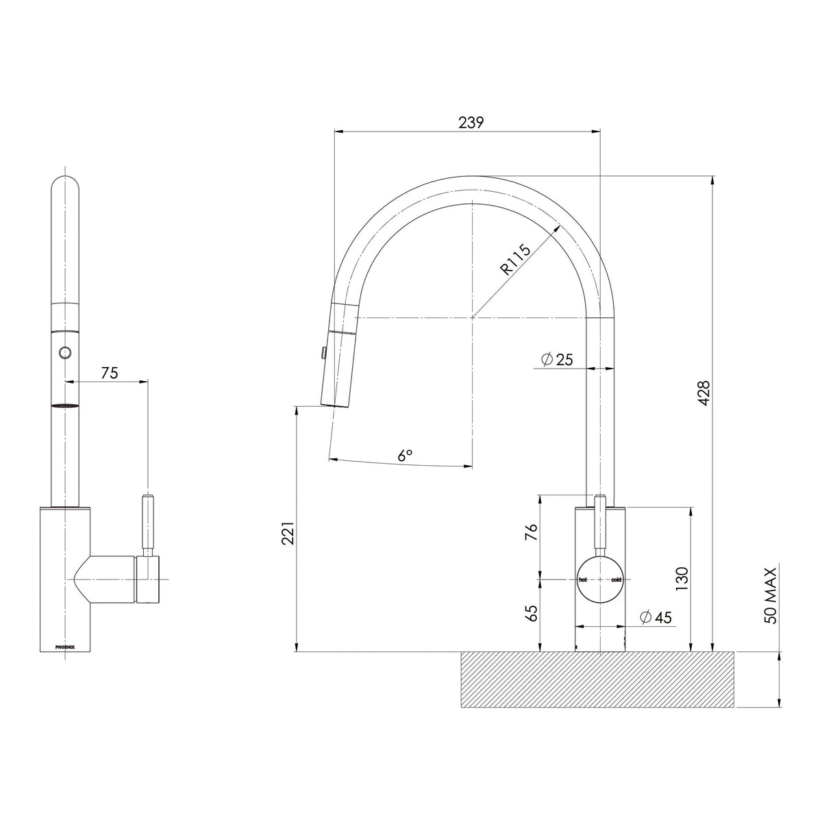 Specification diagram - Vivid MKII Pull Out Sink Mixer 240mm Gooseneck