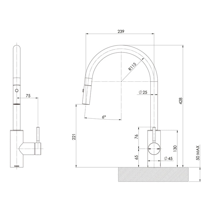 Specification diagram - Vivid MKII Pull Out Sink Mixer 240mm Gooseneck