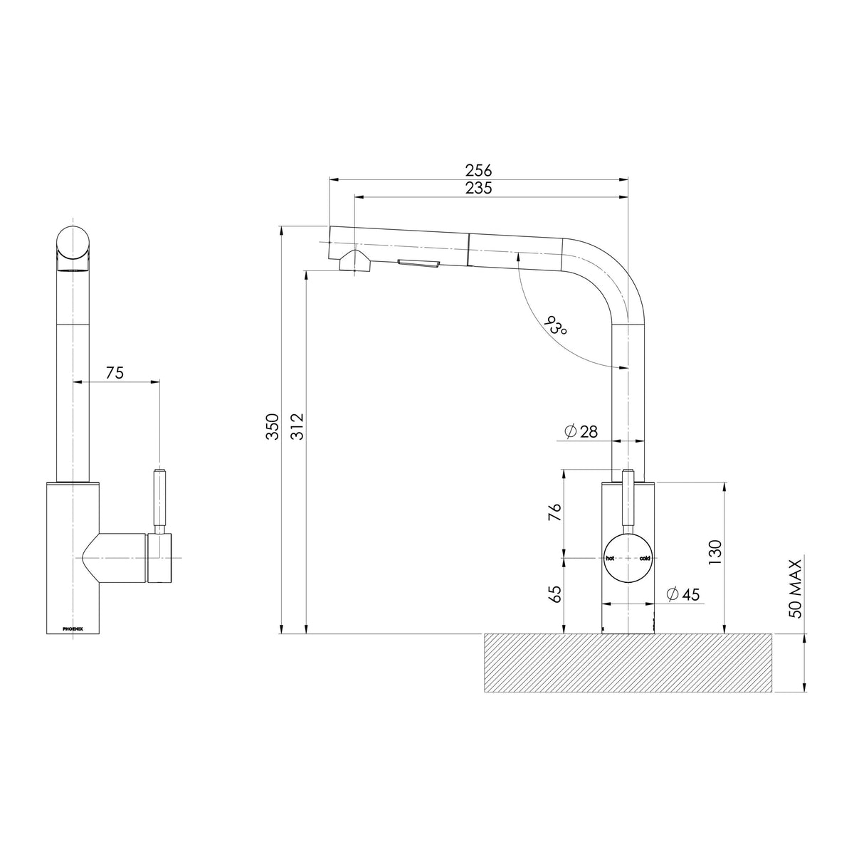 Specification diagram - Vivid MKII Pull Out Sink Mixer 230mm L Shaped