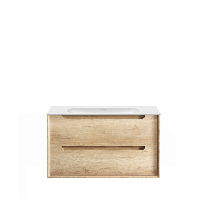 Byron 900mm Natural Oak Wall Hung Vanity - 12mm Moulded Top (Chloe Silk)