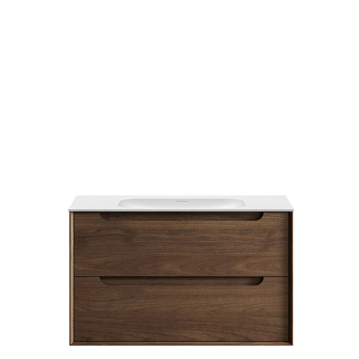 Byron 900mm Sable Walnut Wall Hung Vanity - 12mm Moulded Top (Chloe Silk)