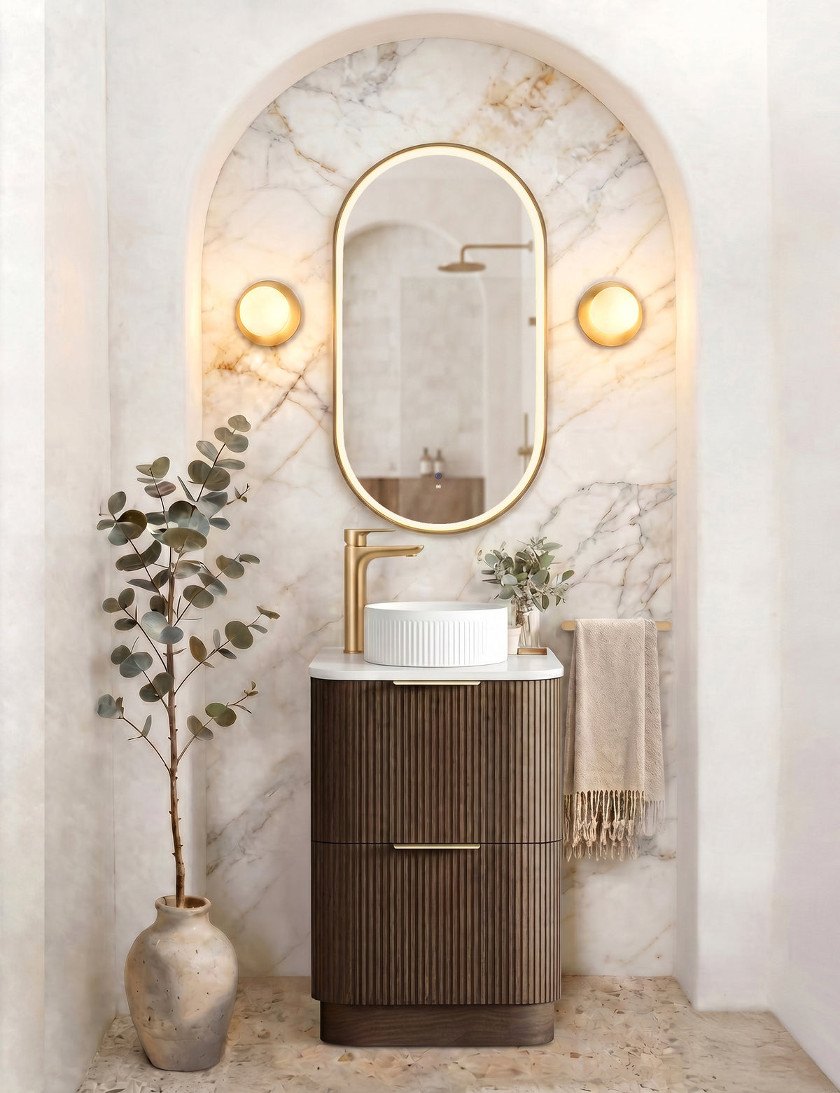Havana Fluted 600mm Sable Walnut Floorstanding Curve Vanity - Cabinet Only