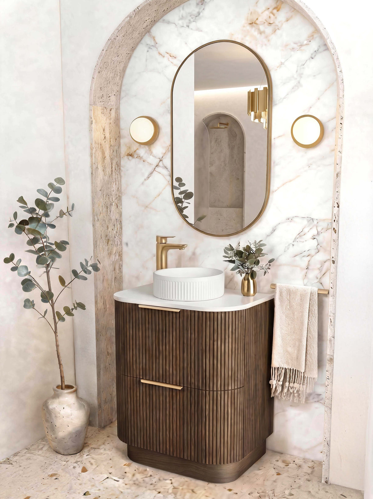 Havana Fluted 600mm Sable Walnut Floorstanding Curve Vanity