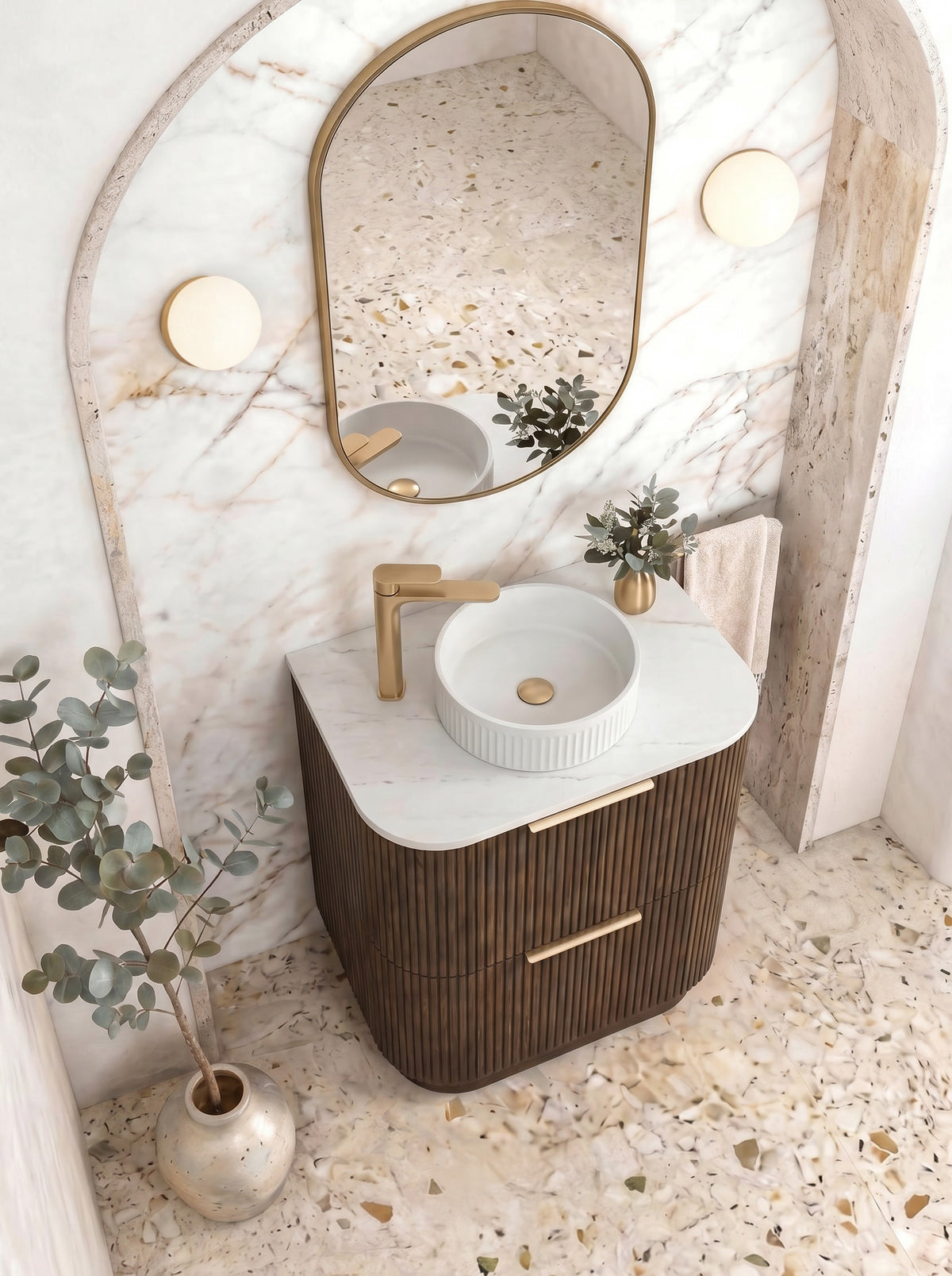 Havana Fluted 600mm Sable Walnut Floorstanding Curve Vanity