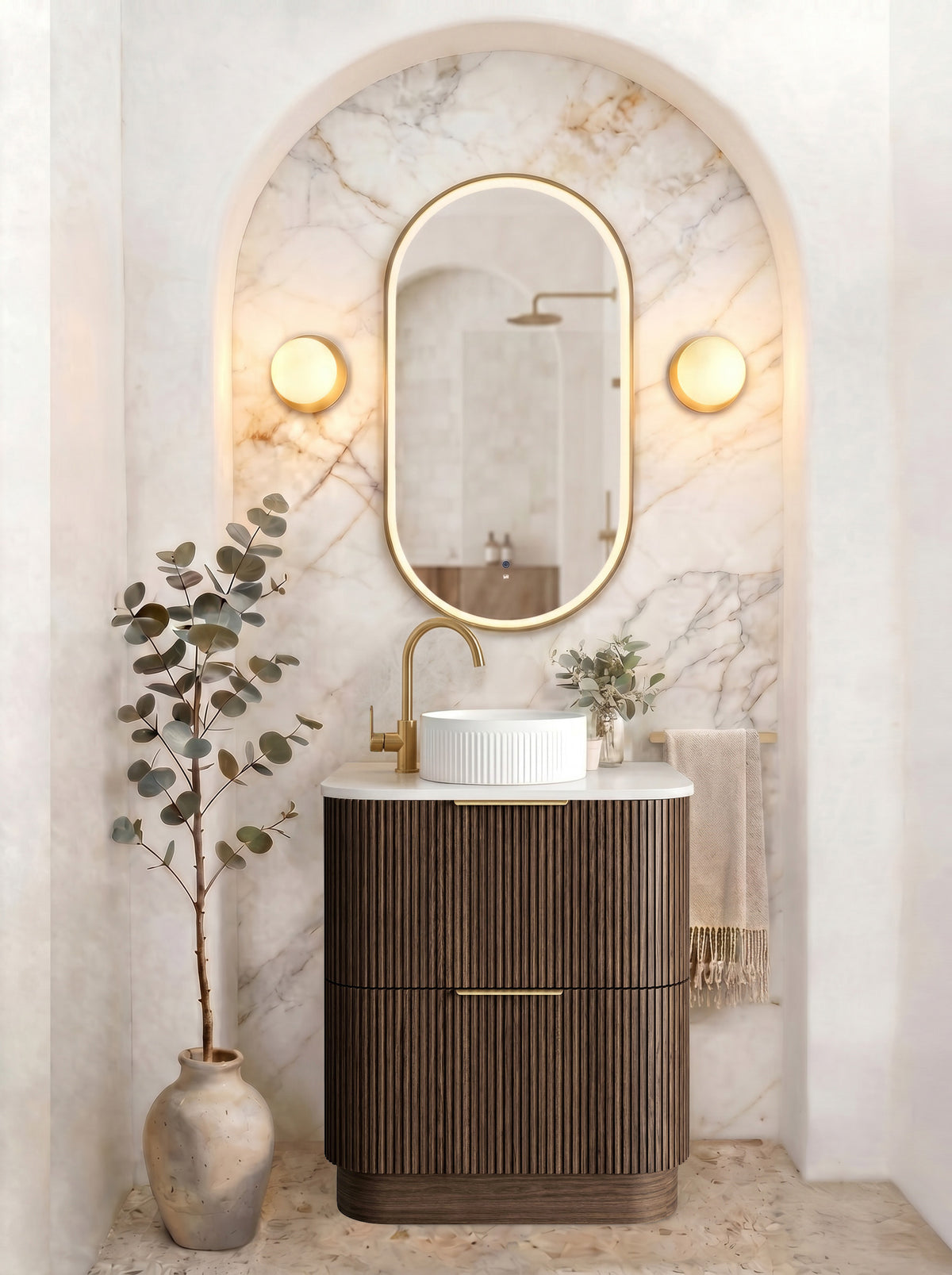Havana Fluted 750mm Sable Walnut Floorstanding Curve Vanity - Cabinet Only