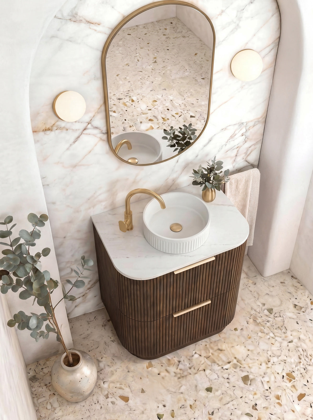 Havana Fluted 750mm Sable Walnut Floorstanding Curve Vanity