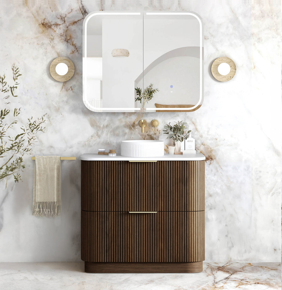 Havana Fluted 900mm Sable Walnut Floorstanding Curve Vanity - Cabinet Only