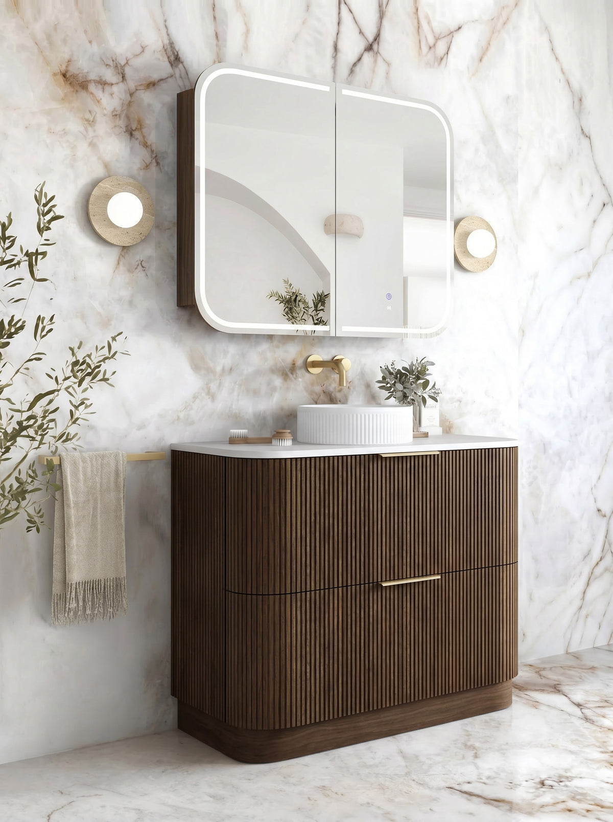 Havana Fluted 900mm Sable Walnut Floorstanding Curve Vanity