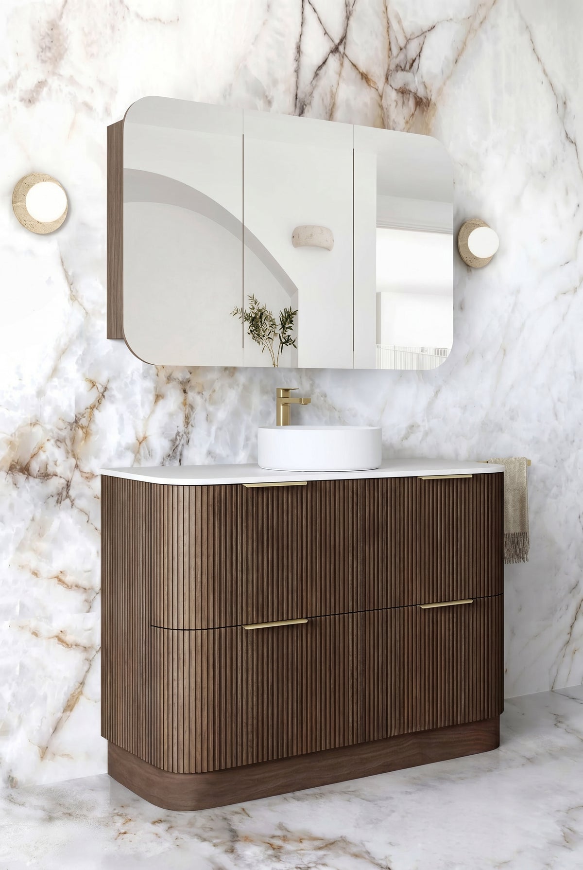 Havana Fluted 1200mm Sable Walnut Floorstanding Curve Vanity