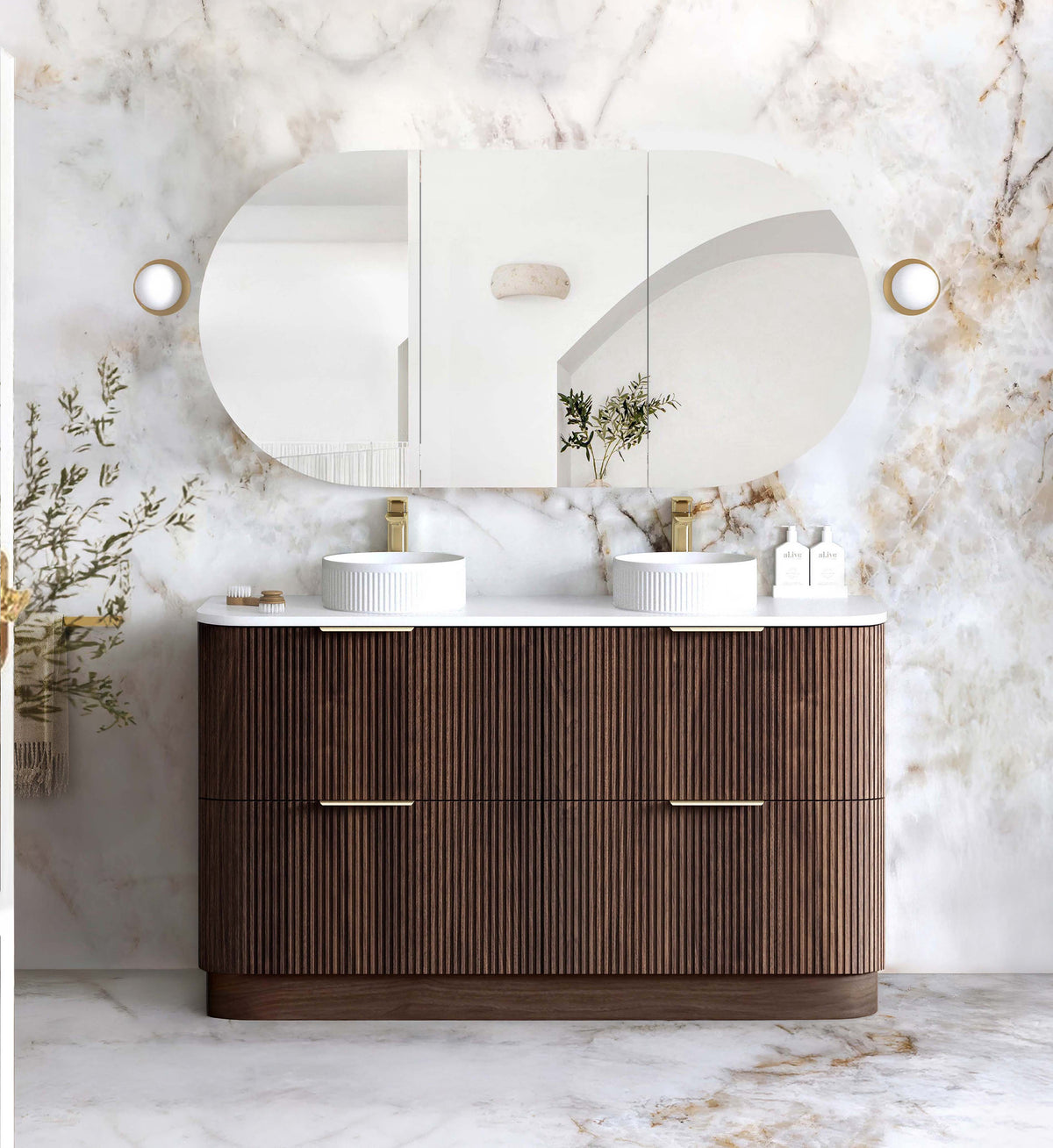 Havana Fluted 1500mm Sable Walnut Floorstanding Curve Vanity - Cabinet Only